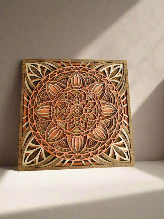 פריט אומנות - מנדלה 5 שכבות בגווני עץ