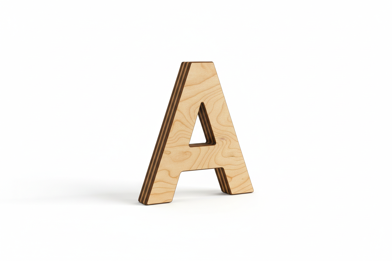 the letter 'A' made from 3mm plywood sheet, natural color, 