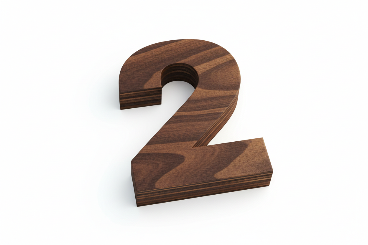 the number '2' made from 6mm plywood sheet, dark walnut color