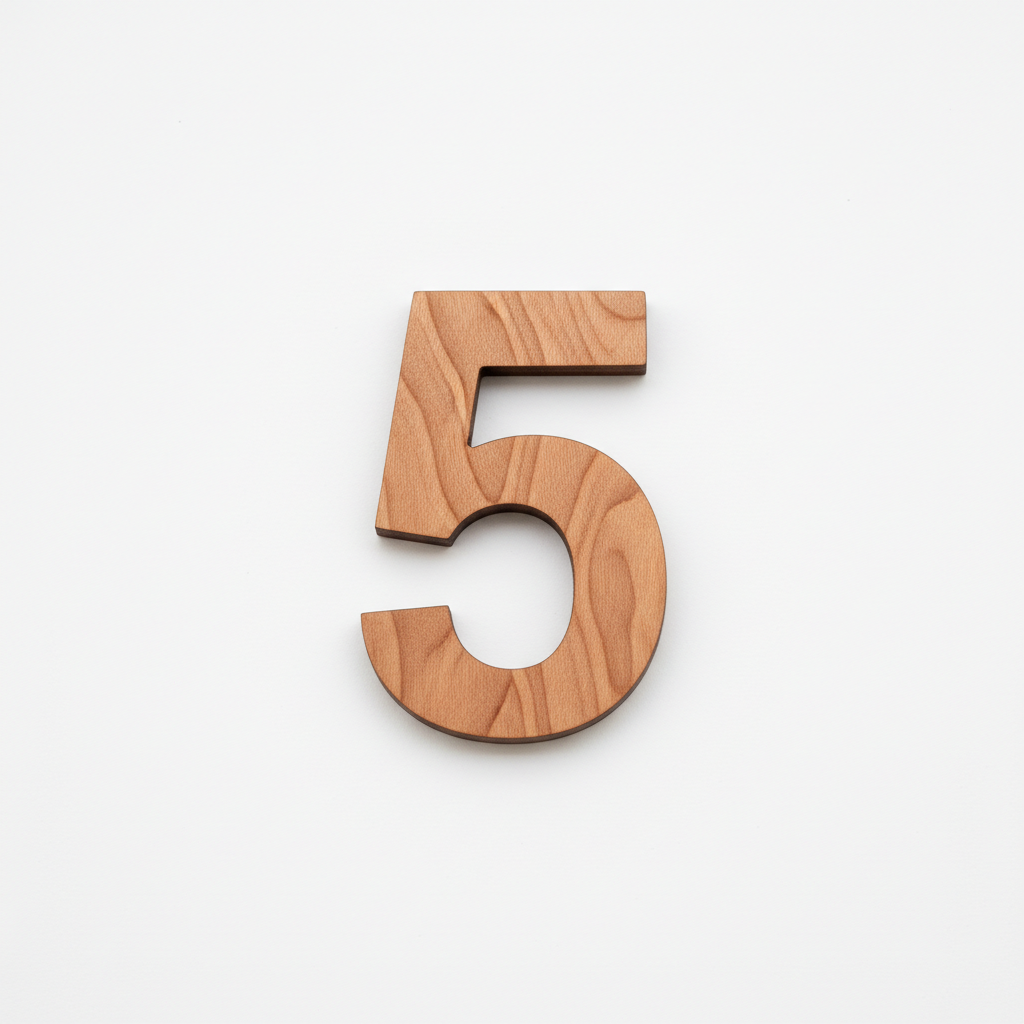 the number '5' made from 6mm cherry plywood sheet, cherry wood color